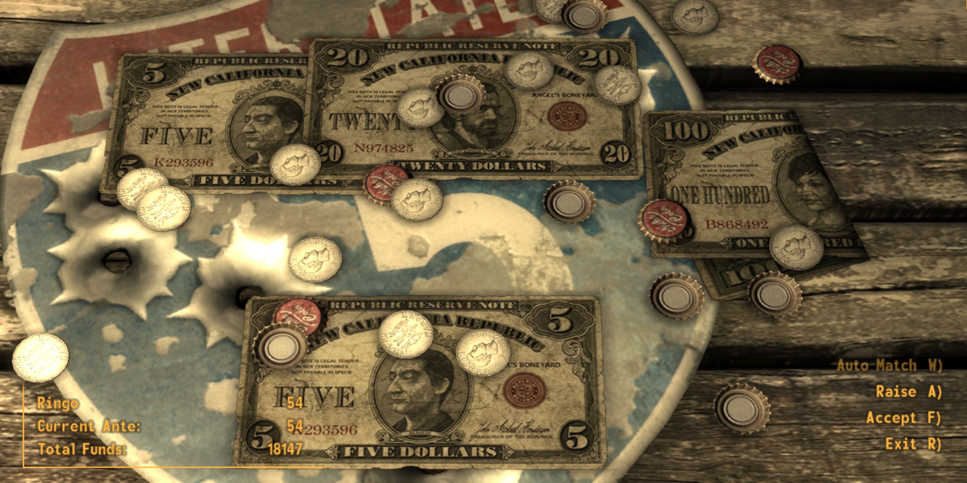 Matching Ringo's bid of 54 caps while playing Caravan in Fallout: New Vegas.