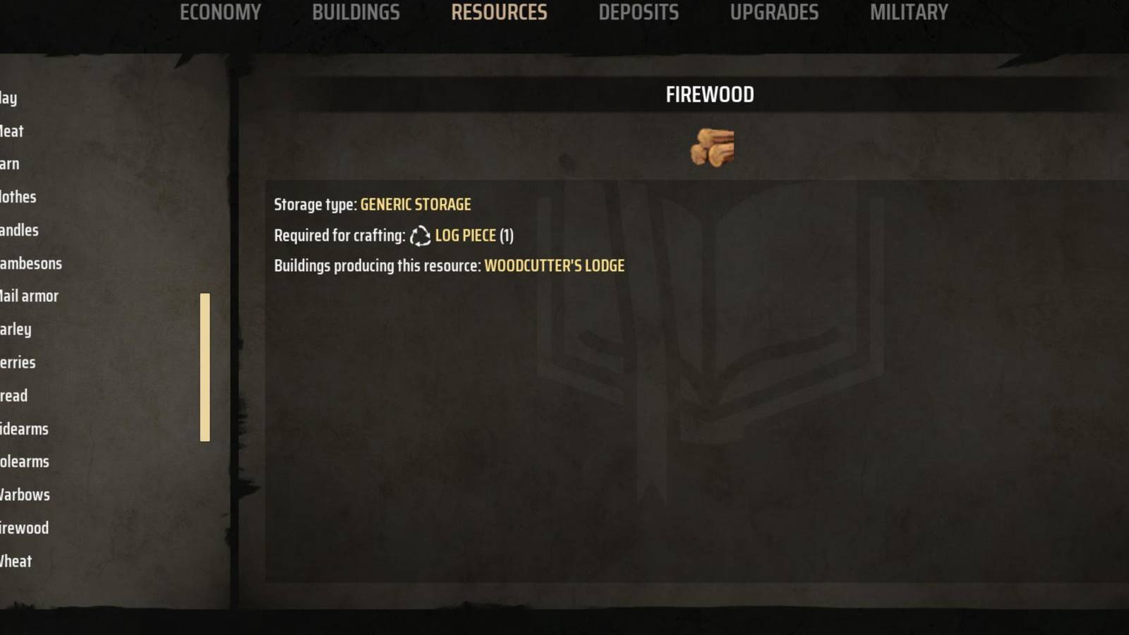 Firewood description in Manor Lords