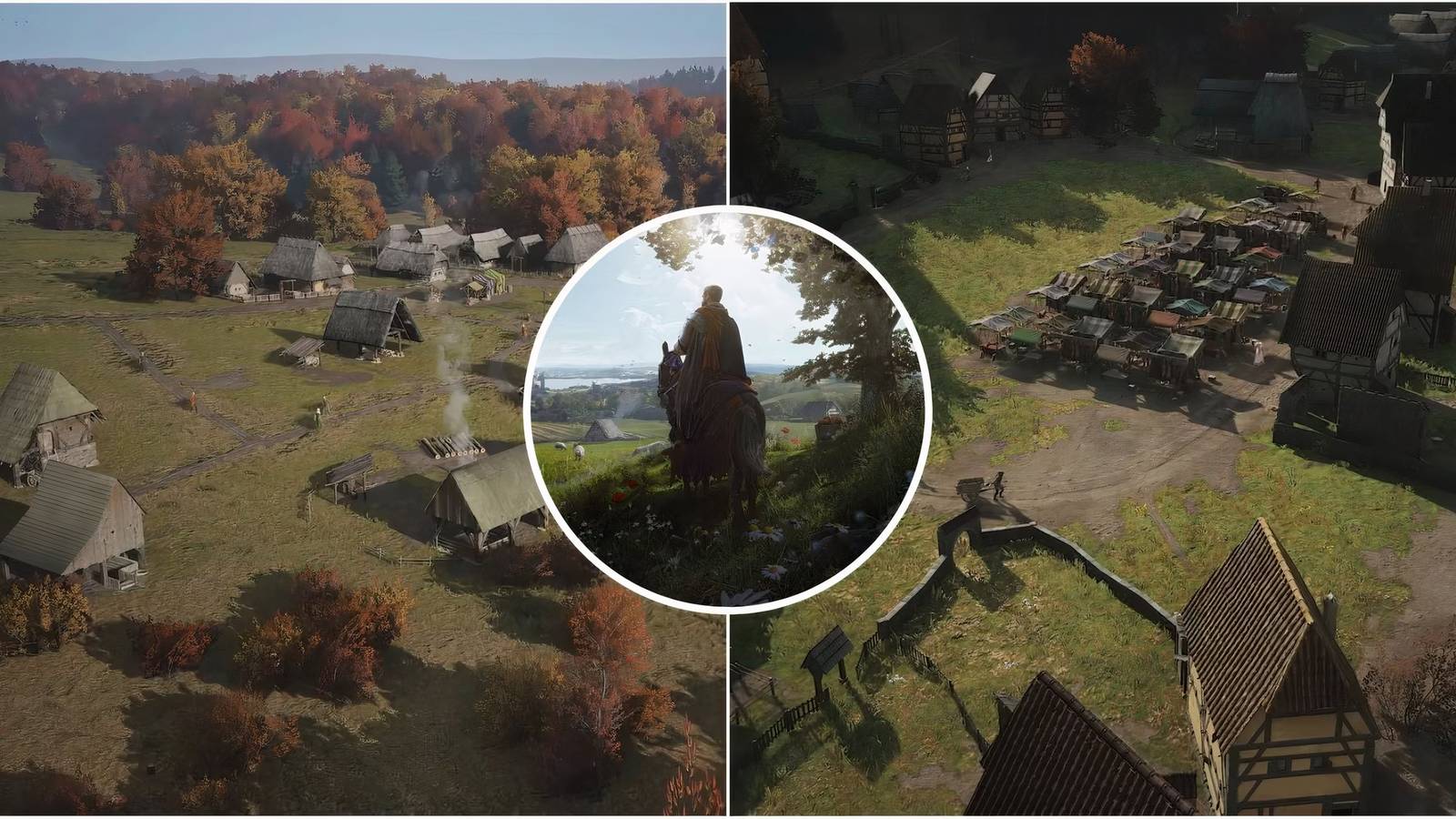 Featured image for Manor Lords showcasing various settlement shots