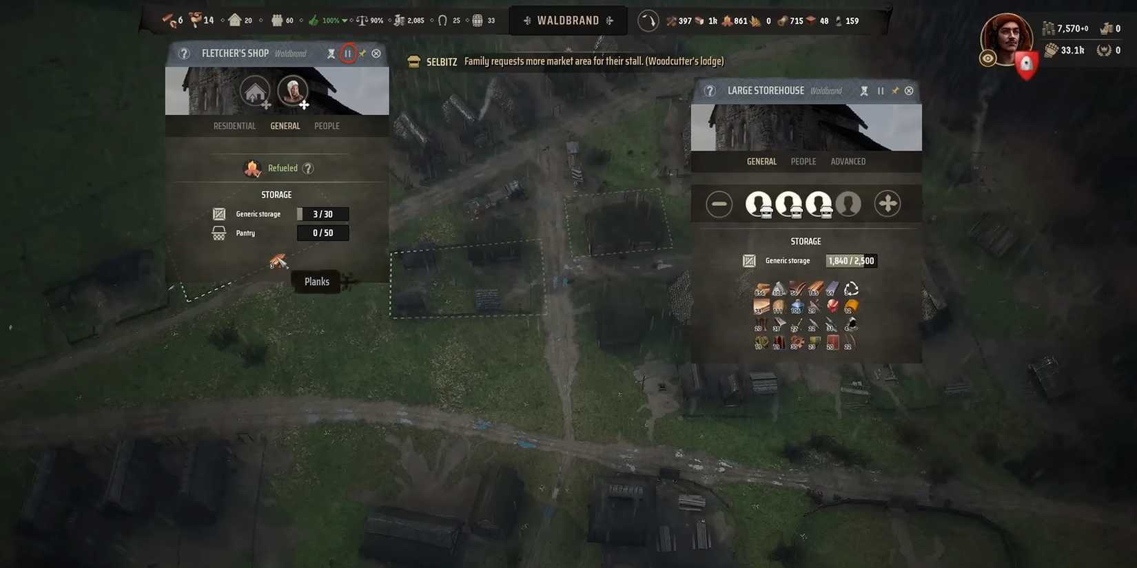 Production pause button highlighted in Manor Lords