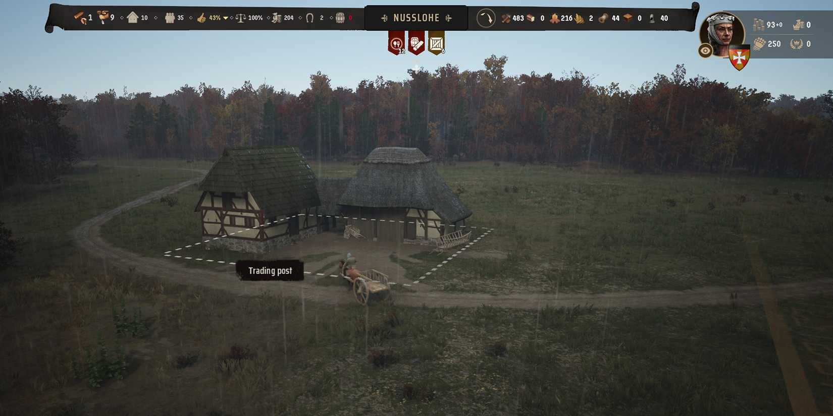 A cart entering the trading post in Manor Lords