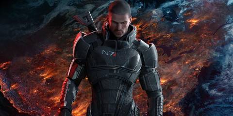 Mass Effect Comannder Shepard in front of burning planet