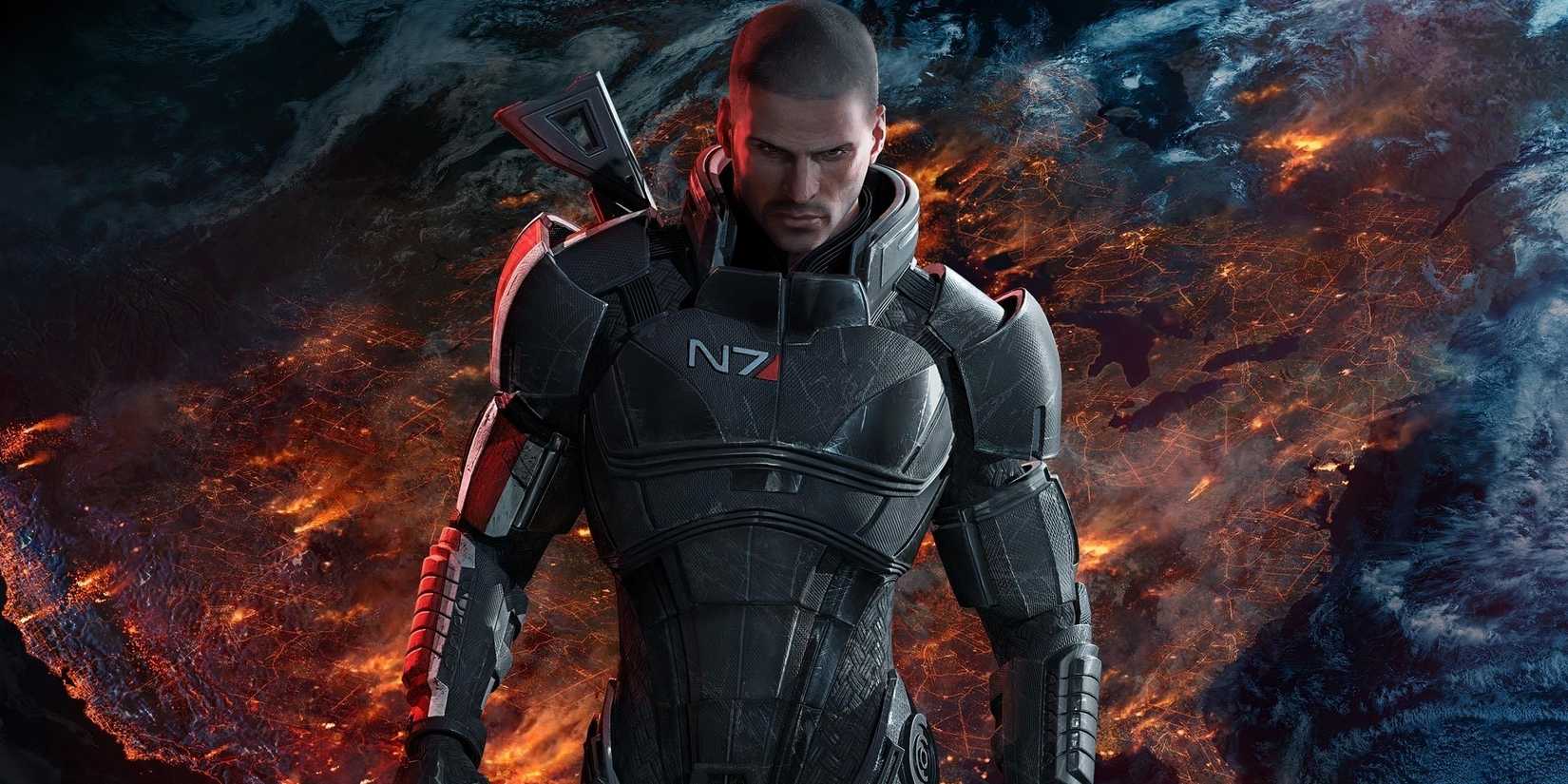 Mass Effect Comannder Shepard in front of burning planet