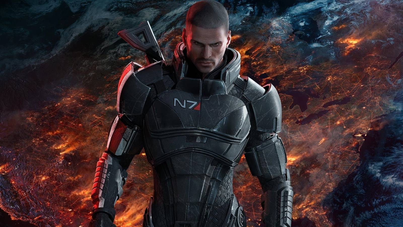 Mass Effect Comannder Shepard in front of burning planet