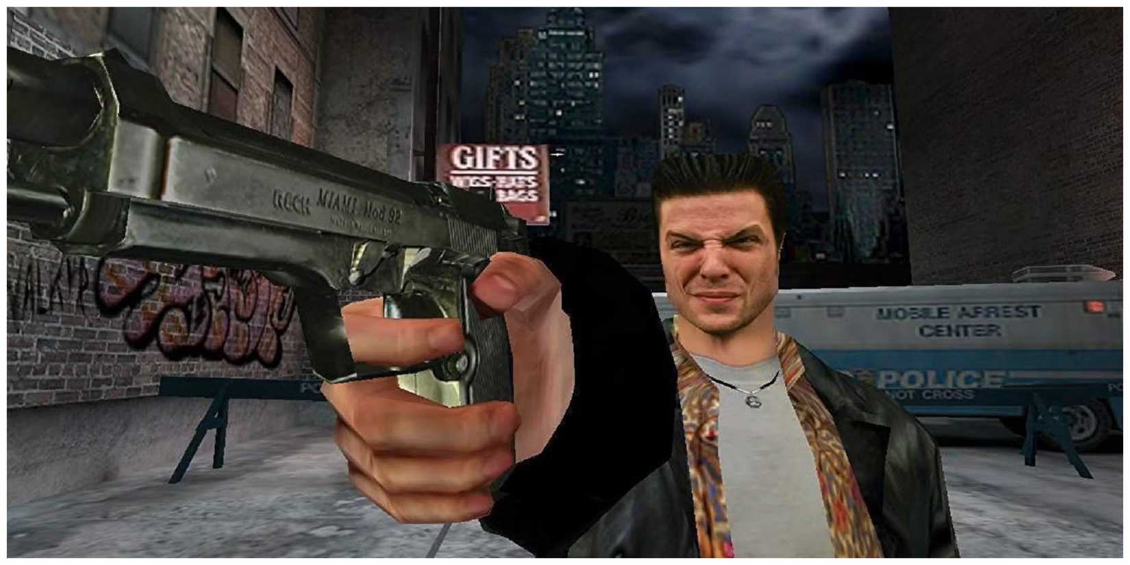 max payne pointing the gun past the camera