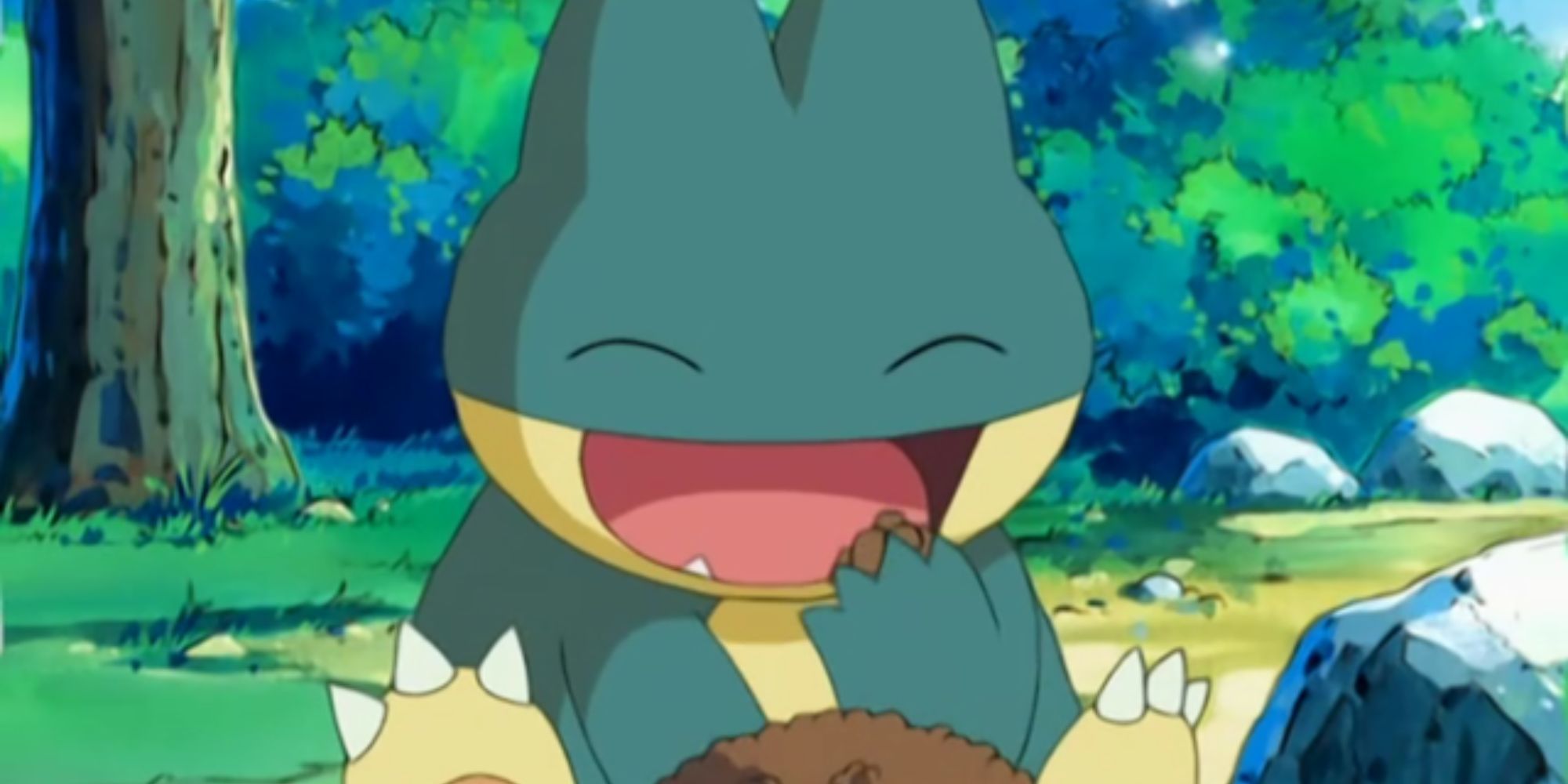 May's Munchlax eating a bowl of Pokemon food.