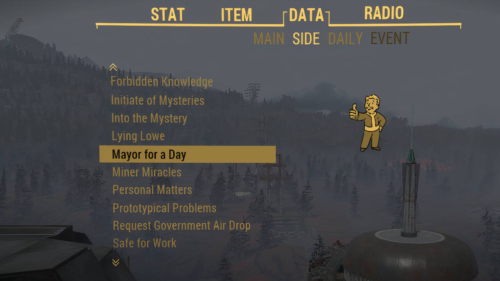 Looking at the Mayor for a Day side quest in quest log Fallout 76