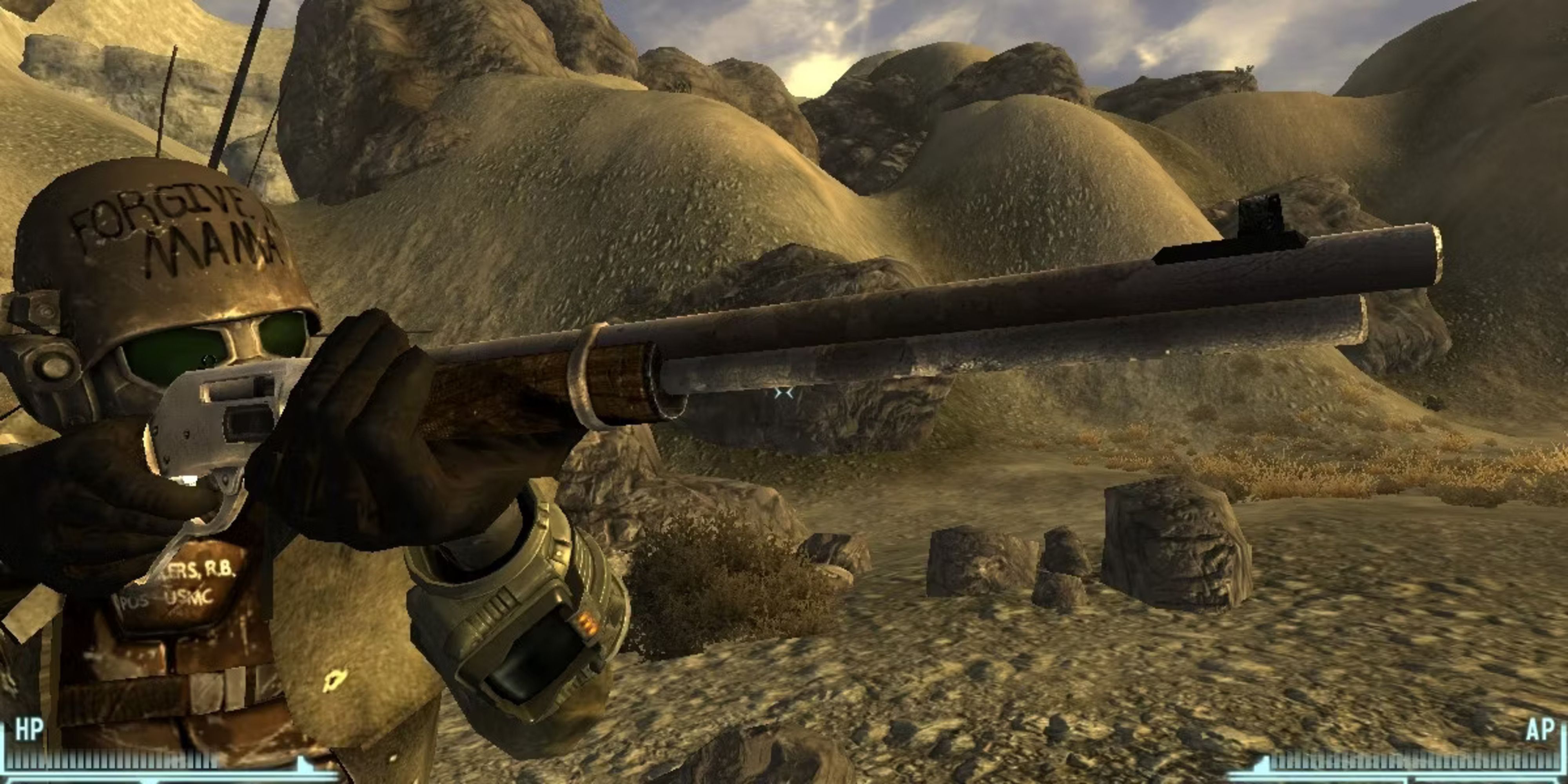 Player looking down the iron sights of the Medicine Stick in Fallout: New Vegas.