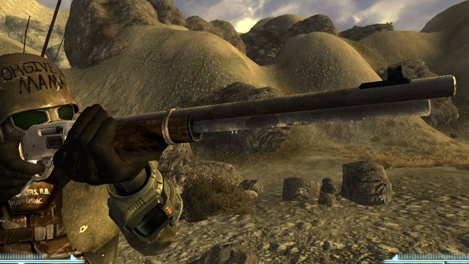 Player looking down the iron sights of the Medicine Stick in Fallout: New Vegas.
