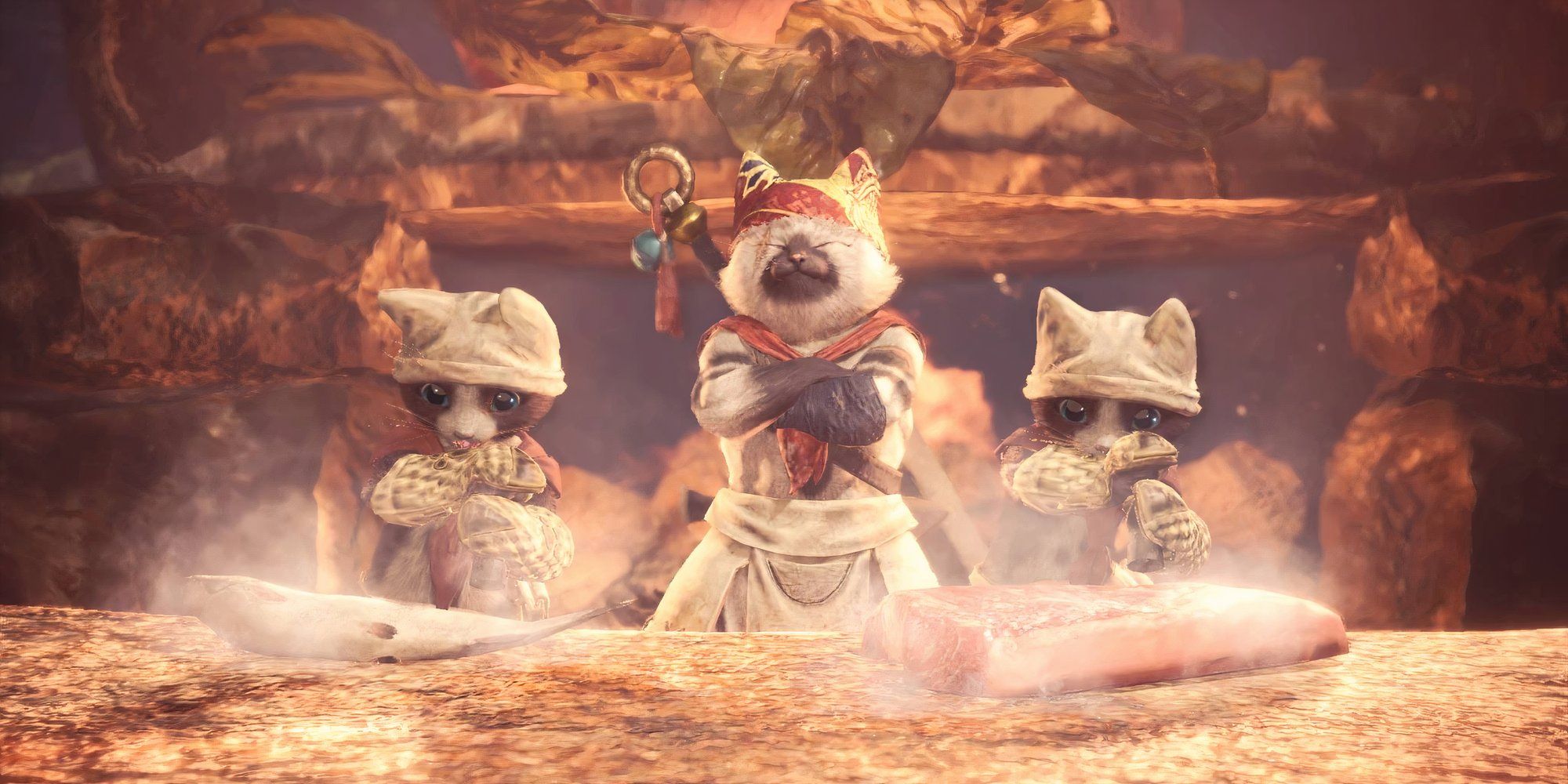 Meowscular Chef and his assistants in Monster Hunter World