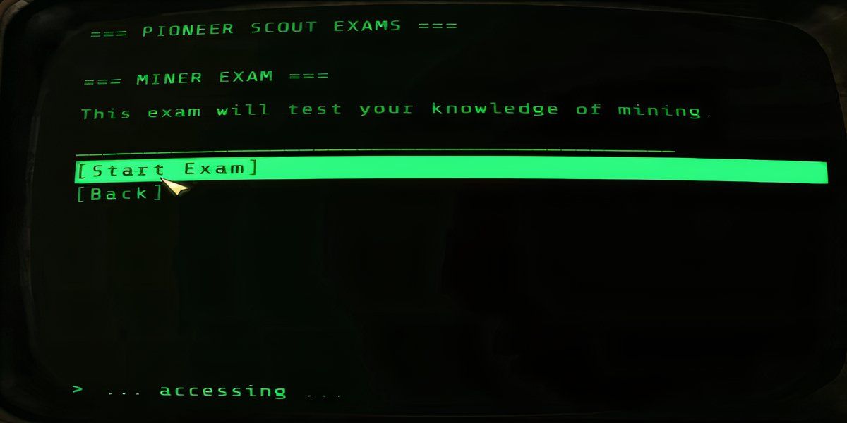 Taking the Miner possum exam in Fallout 76