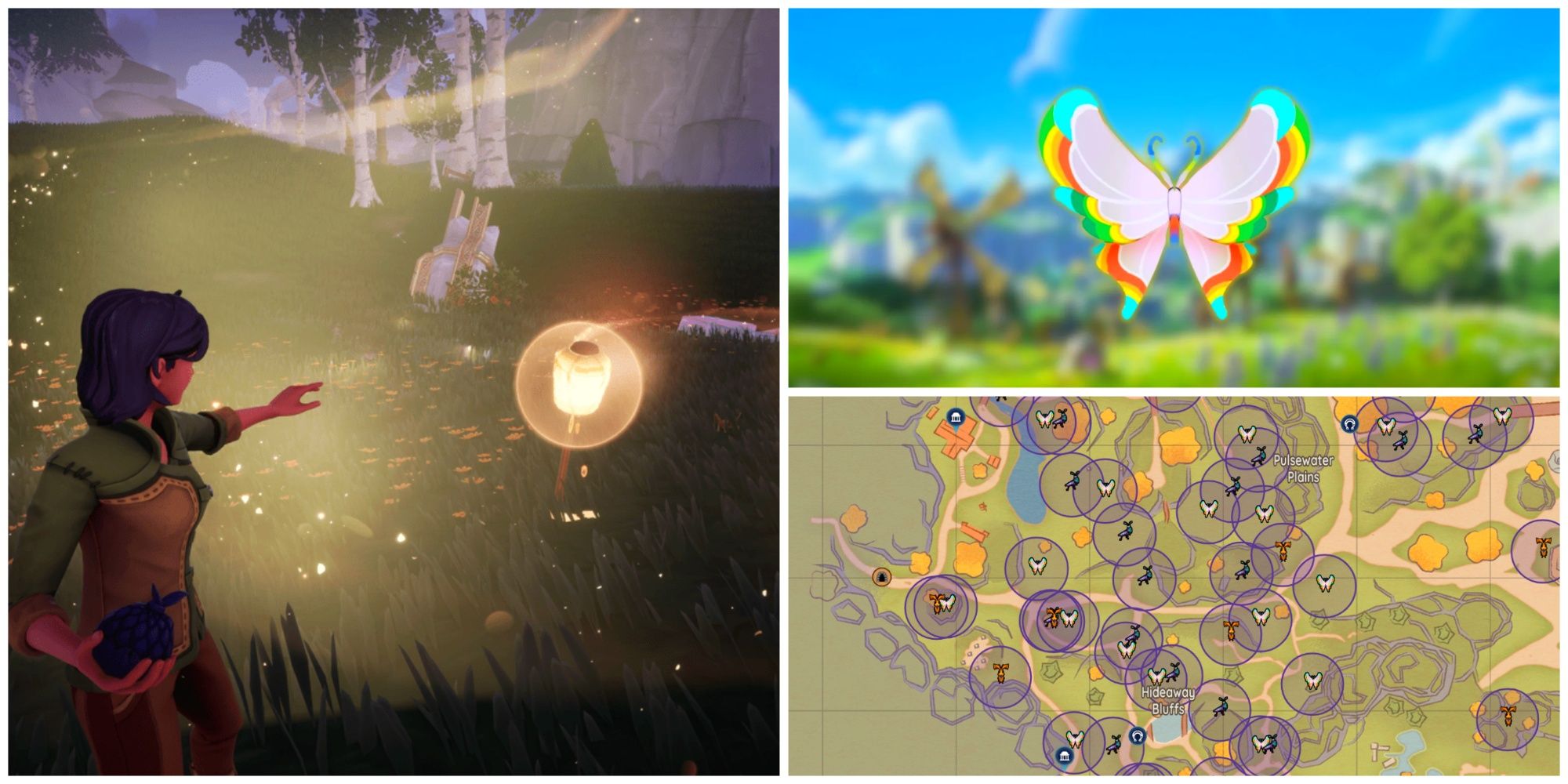 A split image of a Palia character placing a Honey Lure, a Rainbow-Tipped Butterfly, and the in-game Palia map
