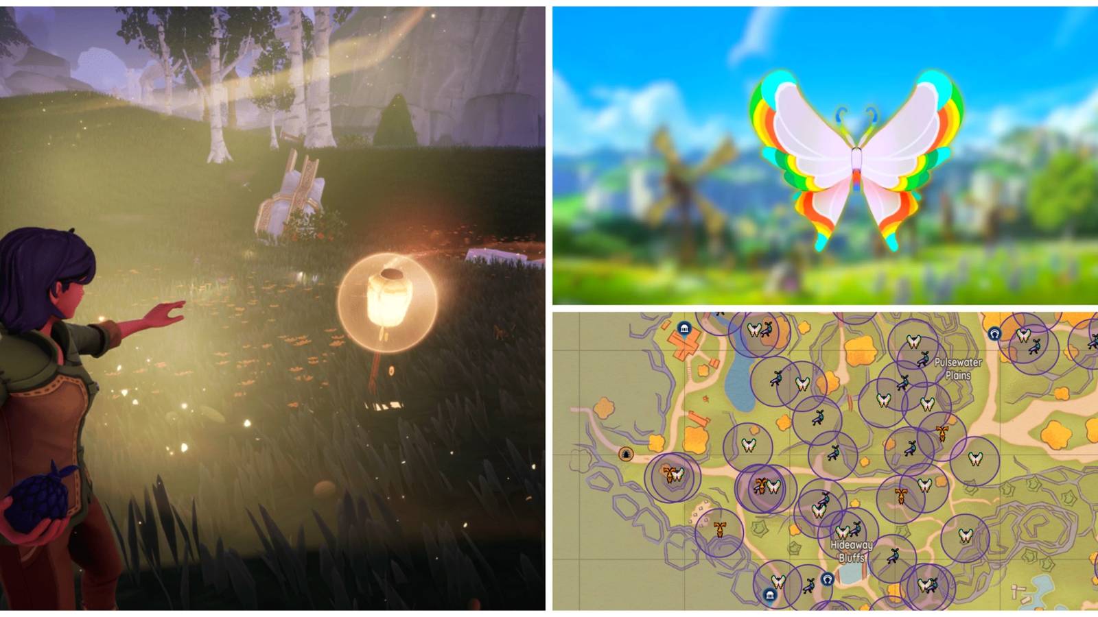 A split image of a Palia character placing a Honey Lure, a Rainbow-Tipped Butterfly, and the in-game Palia map