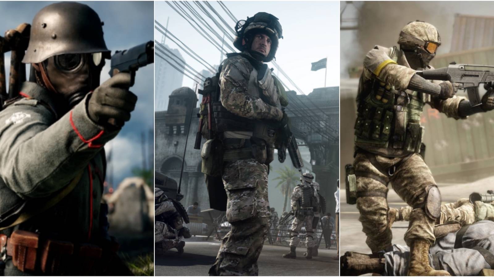 Soldiers from Battlefield 1, Battlefield 3, and battlefield Bad Company 2