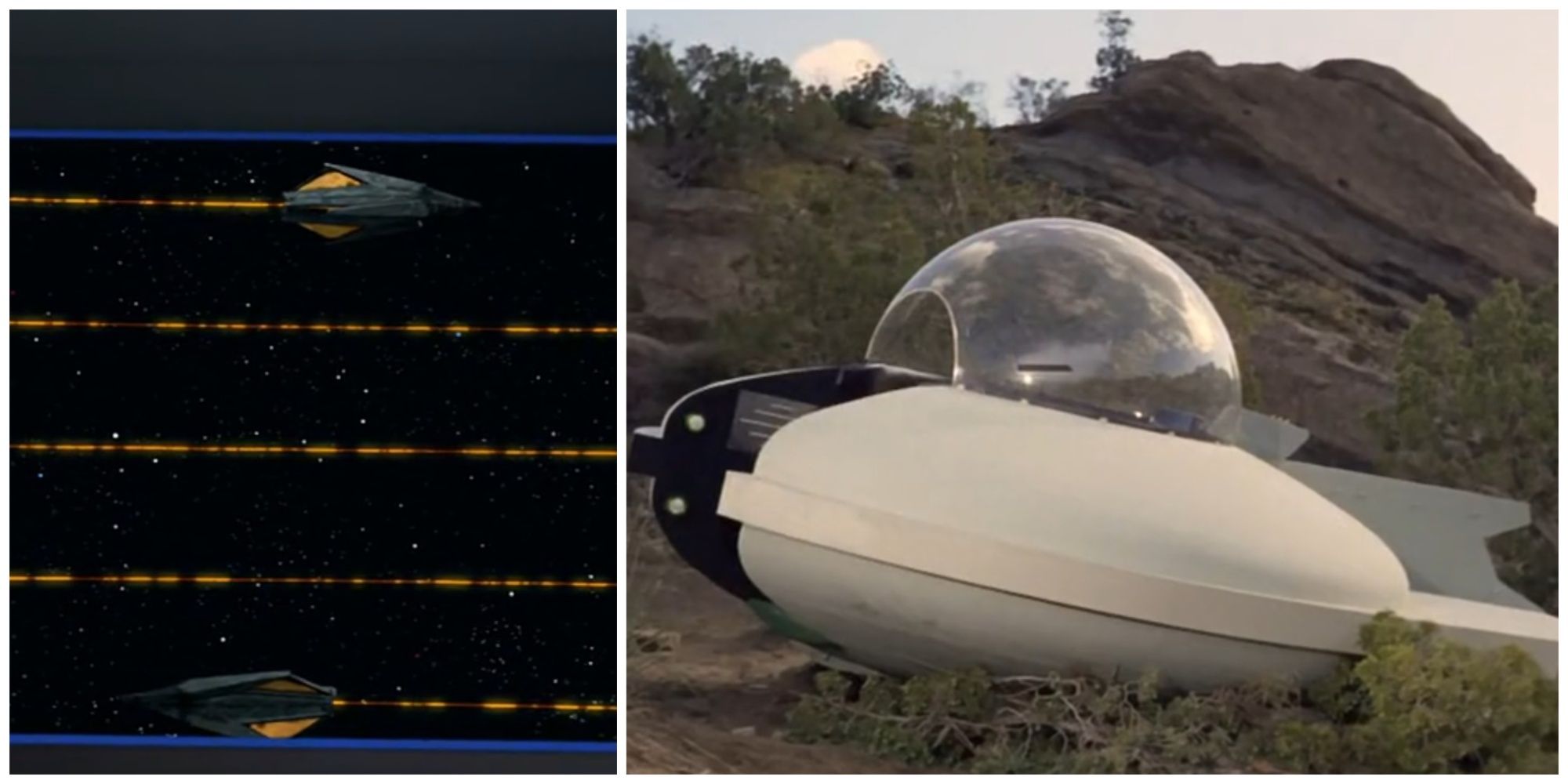 Split image showing starships from Star Trek: The Original Series (Tholian ships and Lazarus' ship).