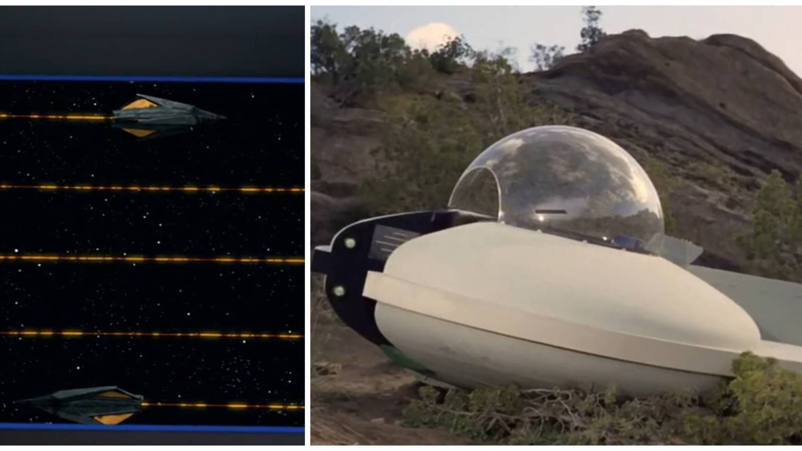 Split image showing starships from Star Trek: The Original Series (Tholian ships and Lazarus' ship).