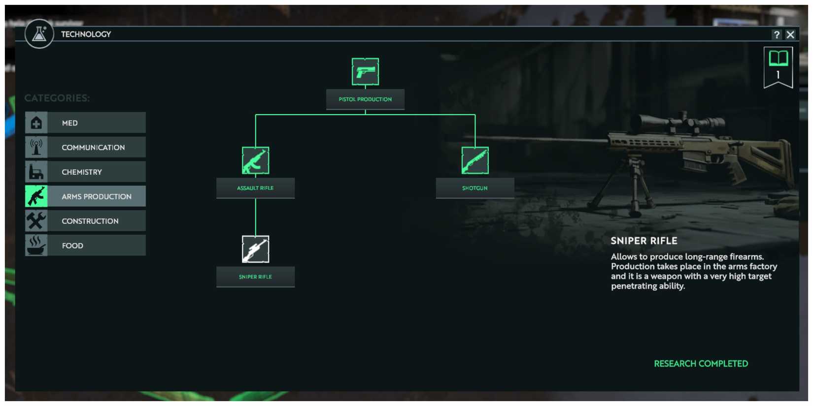 Sniper Rifle Production Research Node in Infection Free Zone
