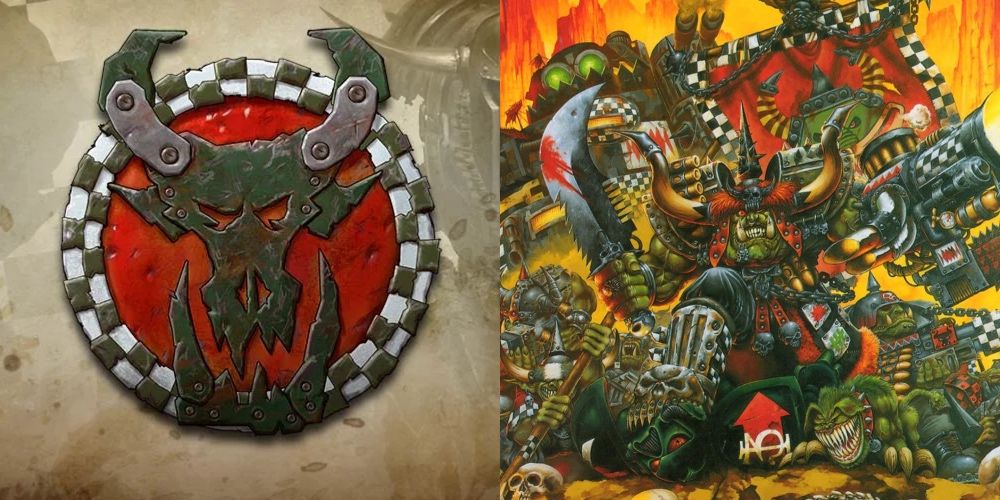 Warhammer 40K: Strongest Ork Clans, Ranked Goff Clan Banner and a large group of orks storming their enemies with a big sword and gun