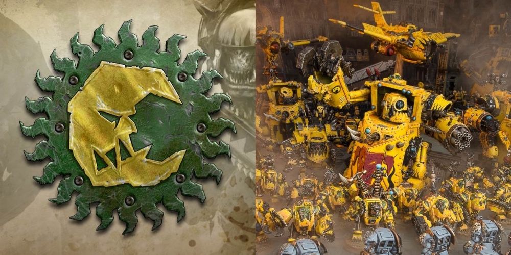 Warhammer 40K: Strongest Ork Clans, Ranked Bad Moons Clan banner and Yellow Painted Ork Army Models