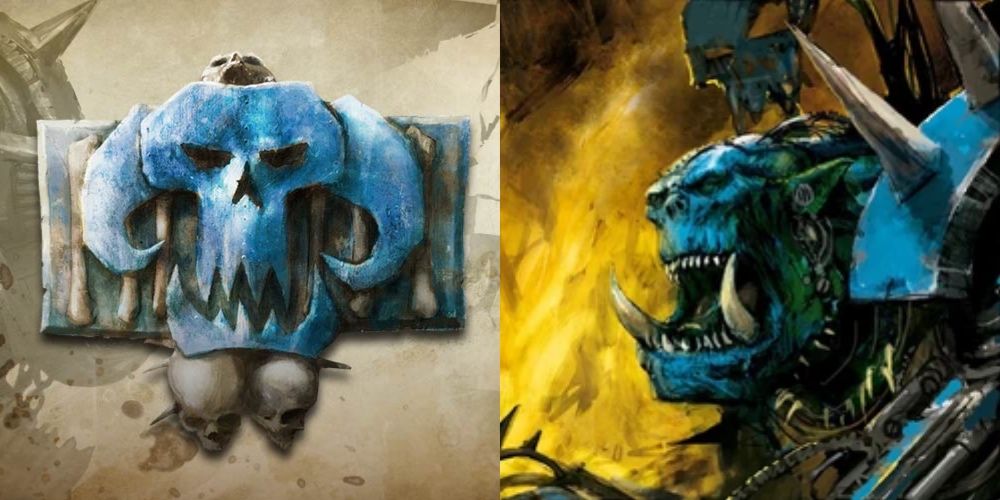 Warhammer 40K: Strongest Ork Clans, Ranked Deathskulls clan banner and a blue painted ork shouting