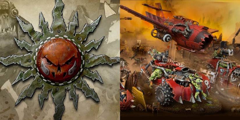 Warhammer 40K: Strongest Ork Clans, Ranked Evil Sunz clan banner and Red Painted Ork Model vehicles 