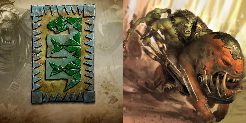 Warhammer 40K: Strongest Ork Clans, Ranked Snakebites clan banner and a ork riding a large squig with a spear