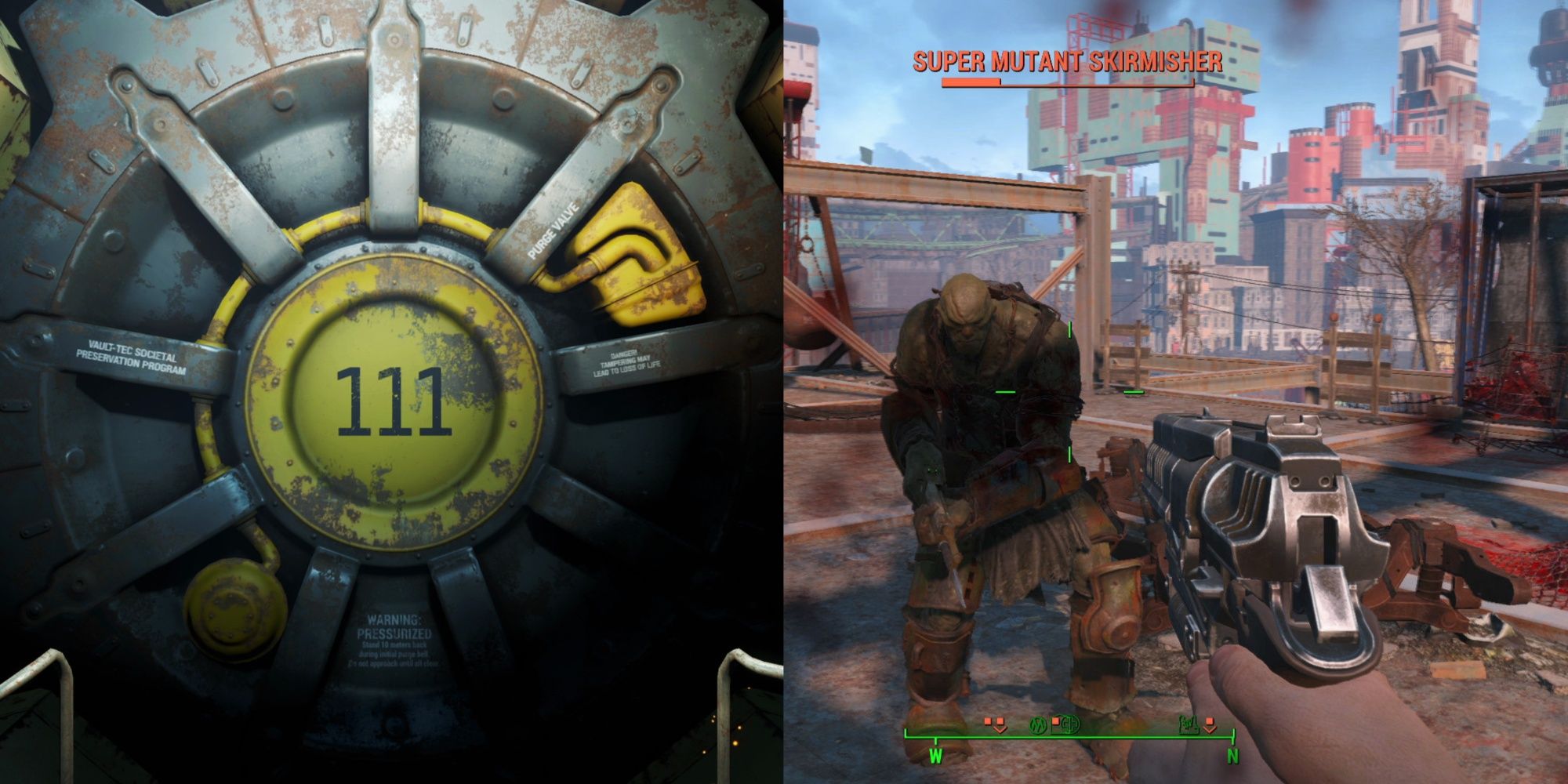 Vault 111 and character pointing a pistol at super mutant in Fallout 4