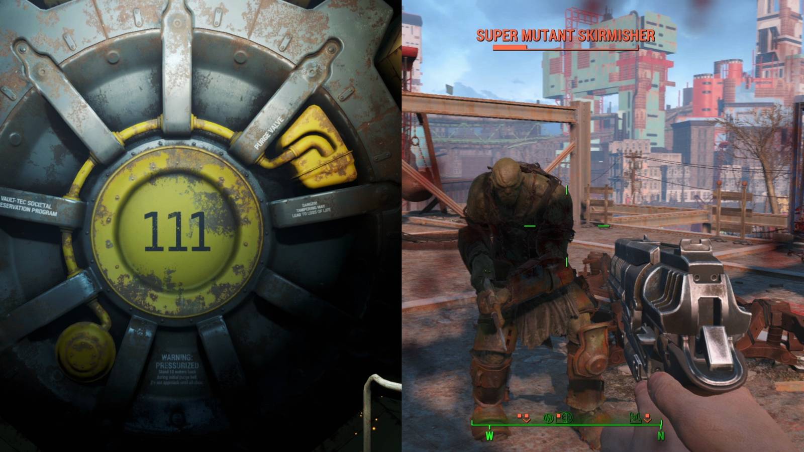Vault 111 and character pointing a pistol at super mutant in Fallout 4