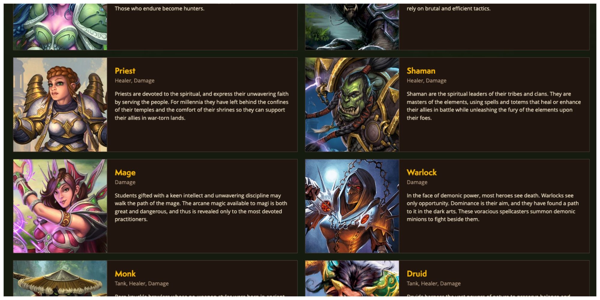 Classes overview in World of Warcraft website