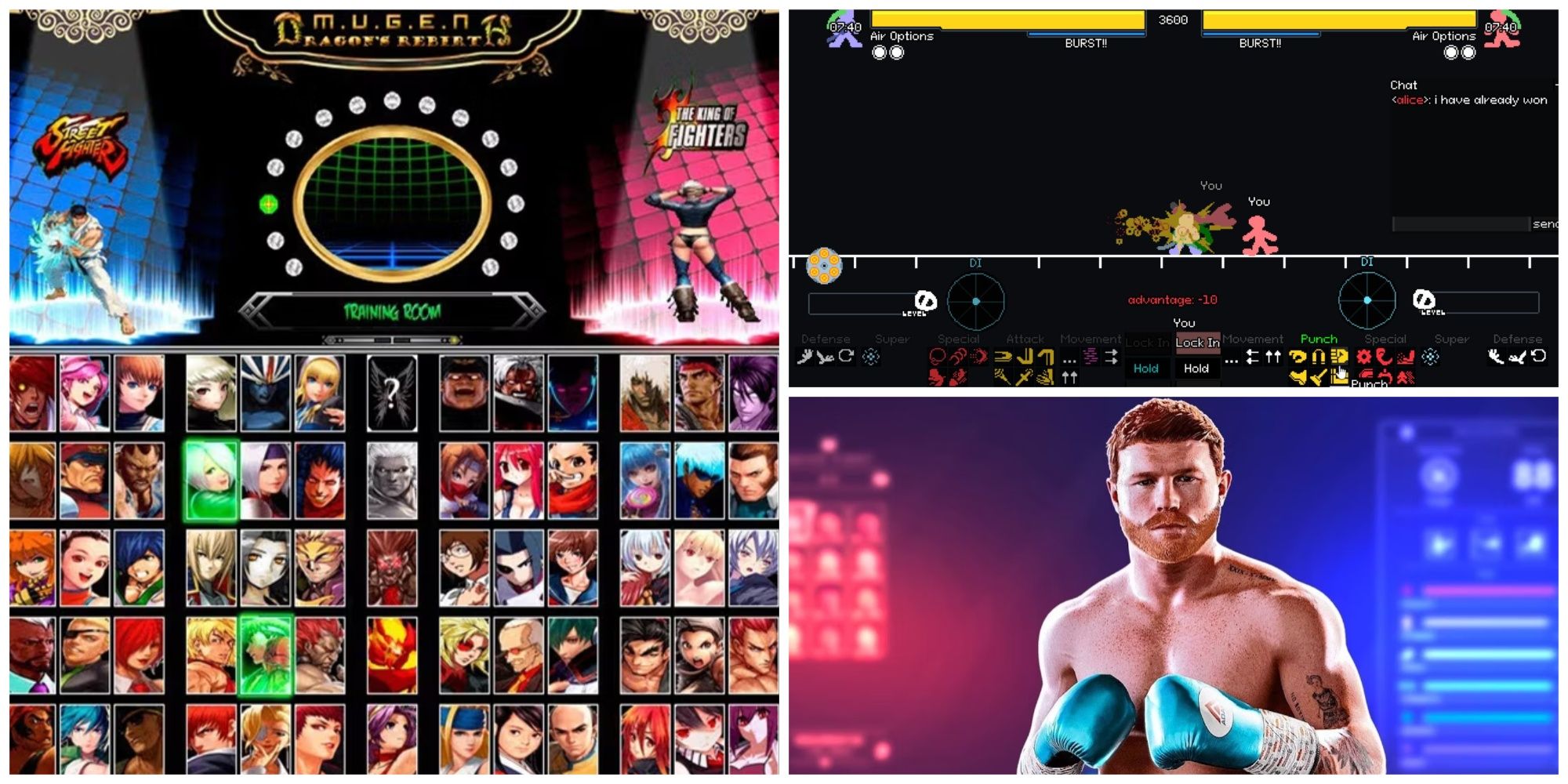 A collage image of MUGEN, Your Only Move is HUSTLE, and Canelo Alvarez from Undisputed