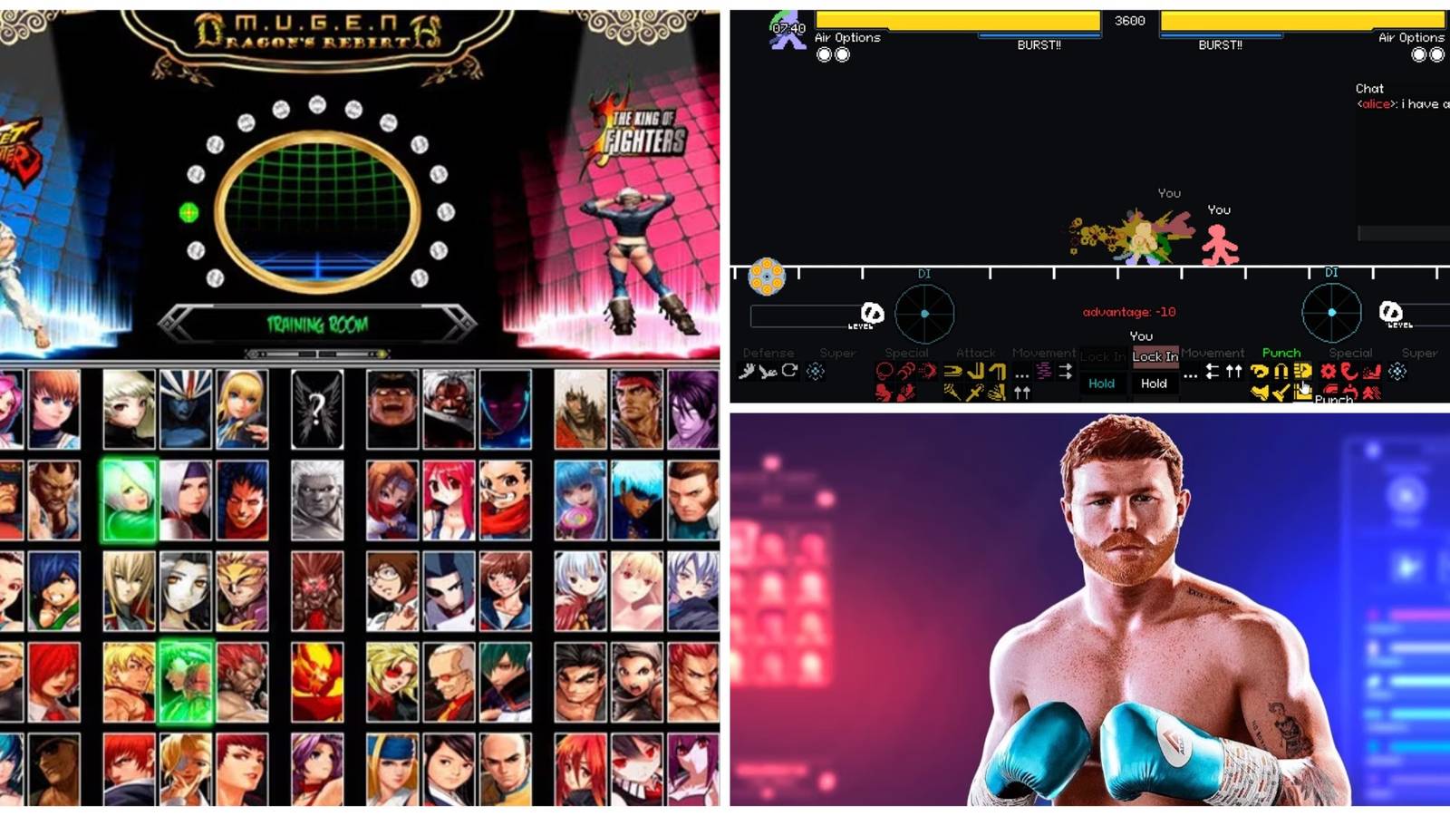 A collage image of MUGEN, Your Only Move is HUSTLE, and Canelo Alvarez from Undisputed