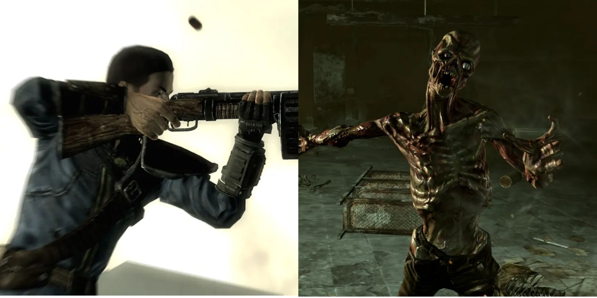Character holding a shotgun and an enemy 