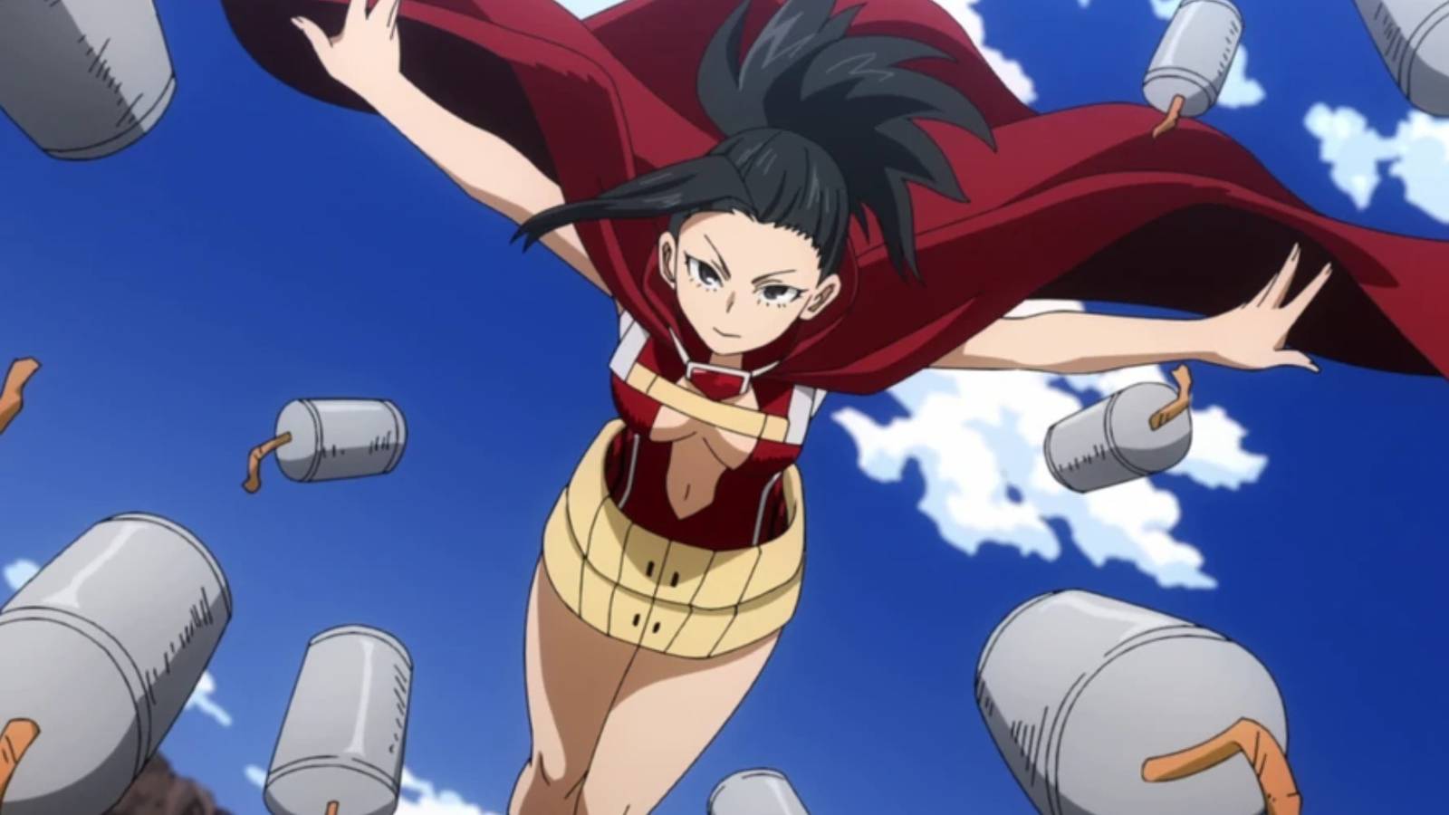 Momo Yaoyorozu creating water bottles and tossing them to her friends in My Hero Academia