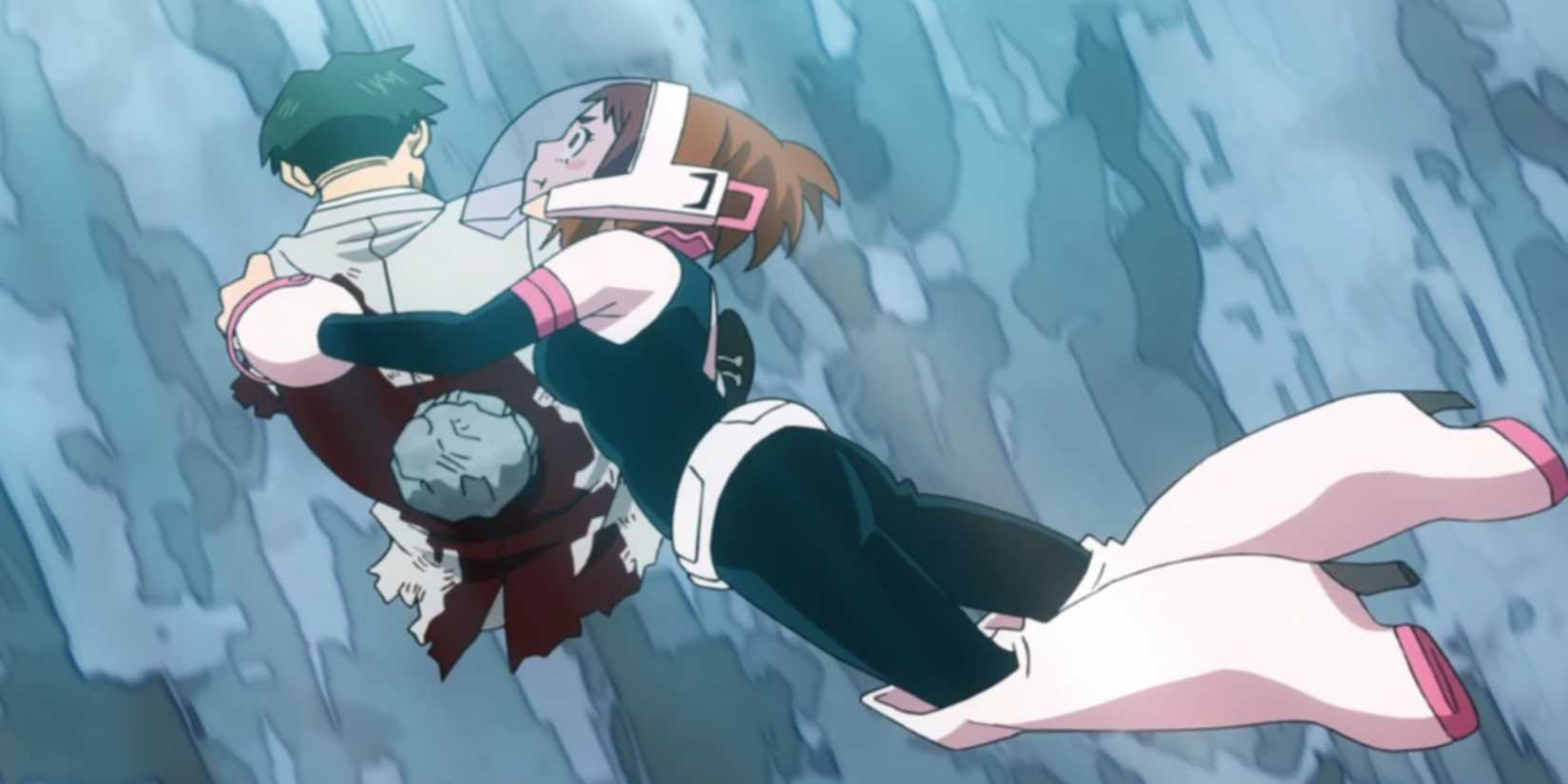 Ochaco Uraraka using Zero Gravity to get Sir Nighteye to safety in My Hero Academia