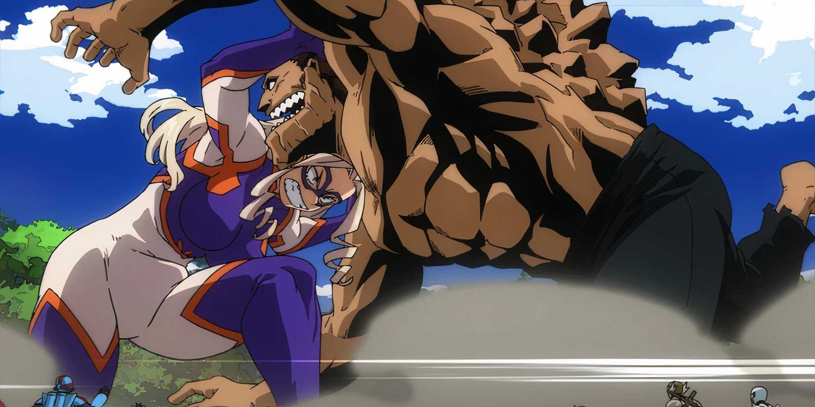 Mt. Lady trying to stop Gigantomachia with her Gigantification Quirk in My Hero Academia