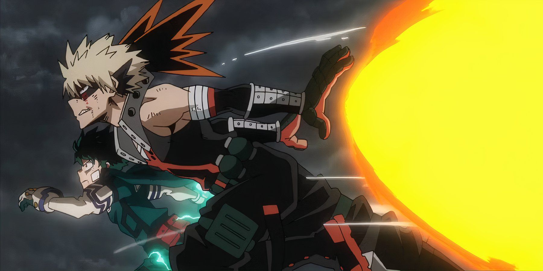 Bakugo flying through the air with his Explosion Quirk in My Hero Academia