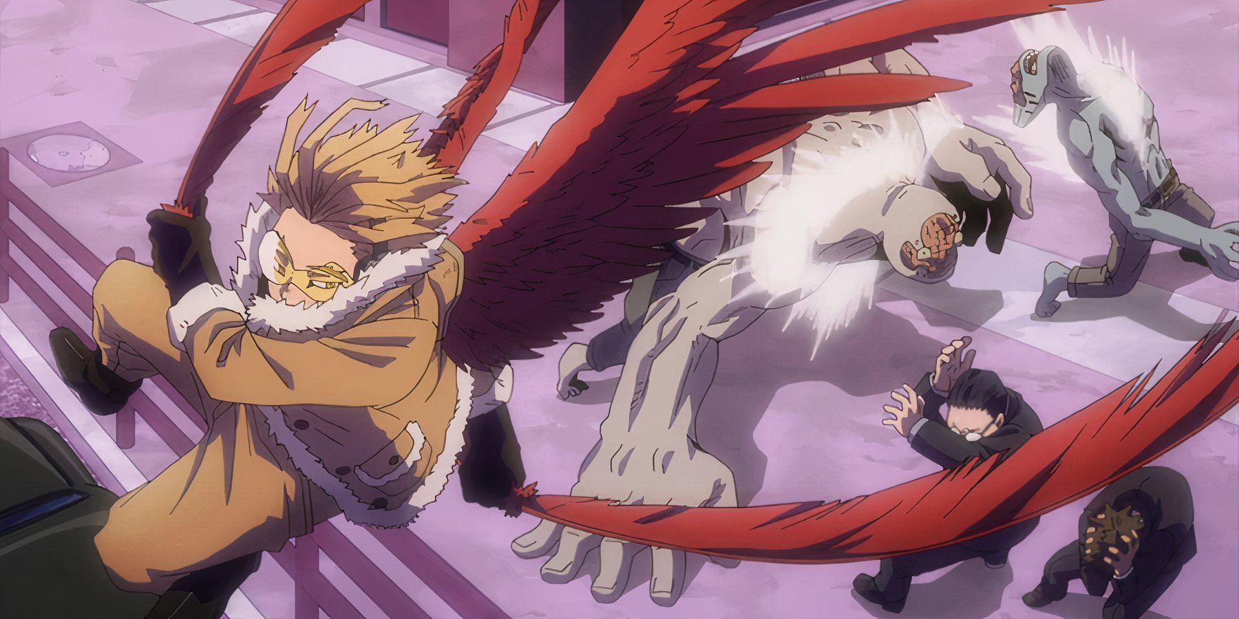 Hawks saving civilians from Nomu's with his feather blades in My Hero Academia