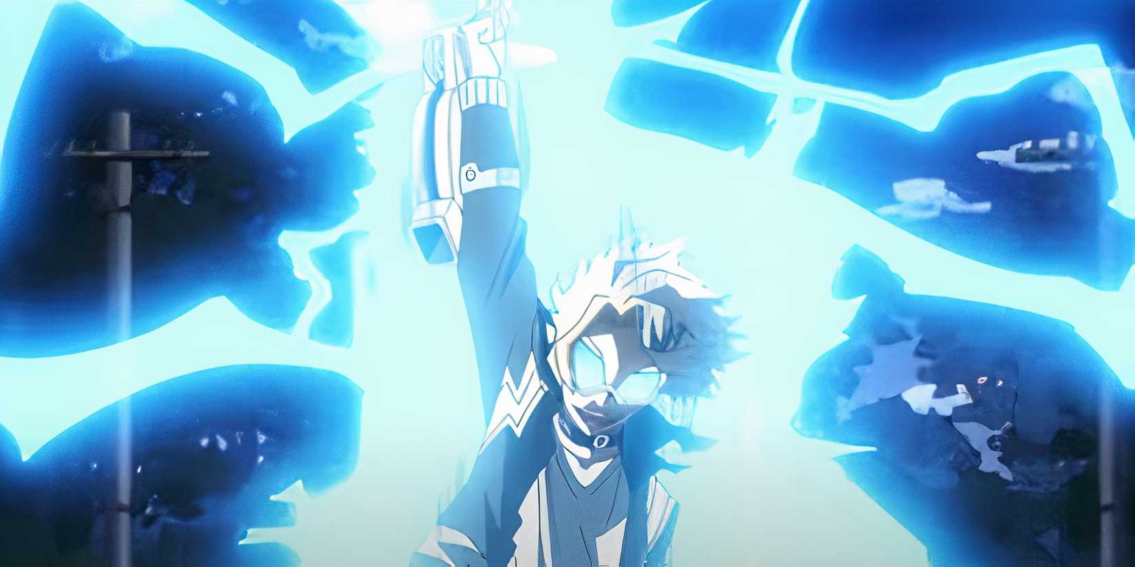 Chargebolt absorbing a Villain's electric attack with his Electrification Quirk in My Hero Academia