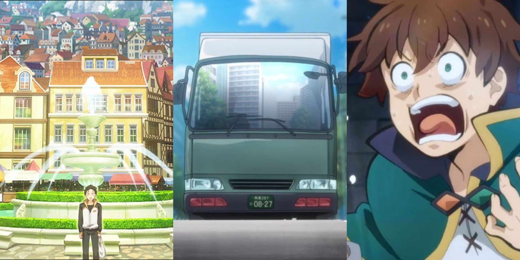 Featured Image with Kazuma from Konosuba panicking, truck and subaru from Re : zero standing from right to left