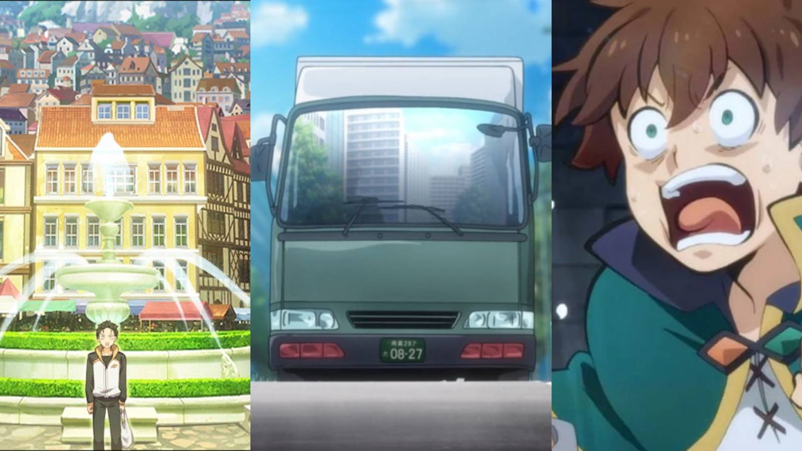 Featured Image with Kazuma from Konosuba panicking, truck and subaru from Re : zero standing from right to left