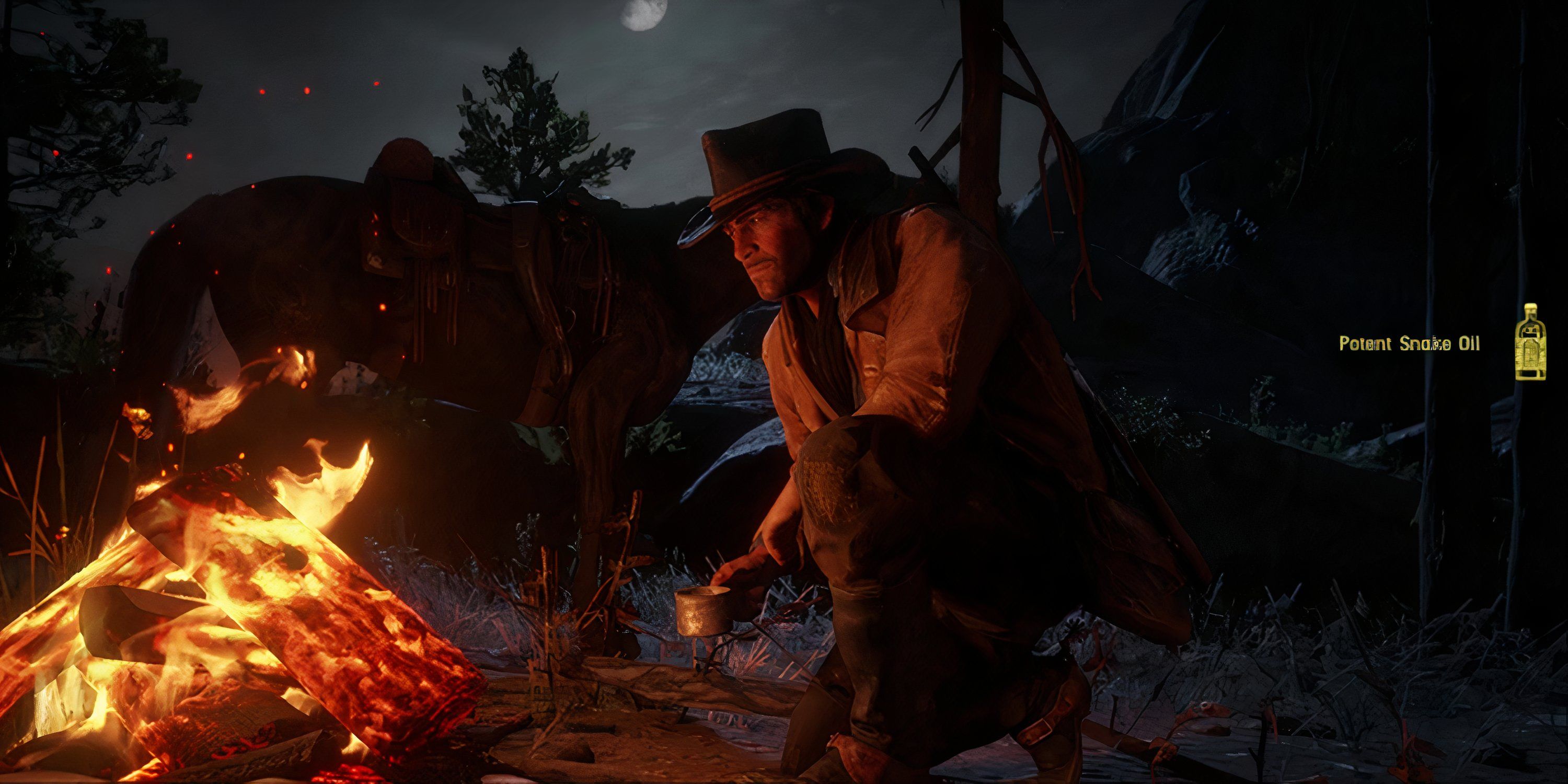 Red Dead Redemption 2: Arthur Morgan cooking Potent Snake Oil At Camp