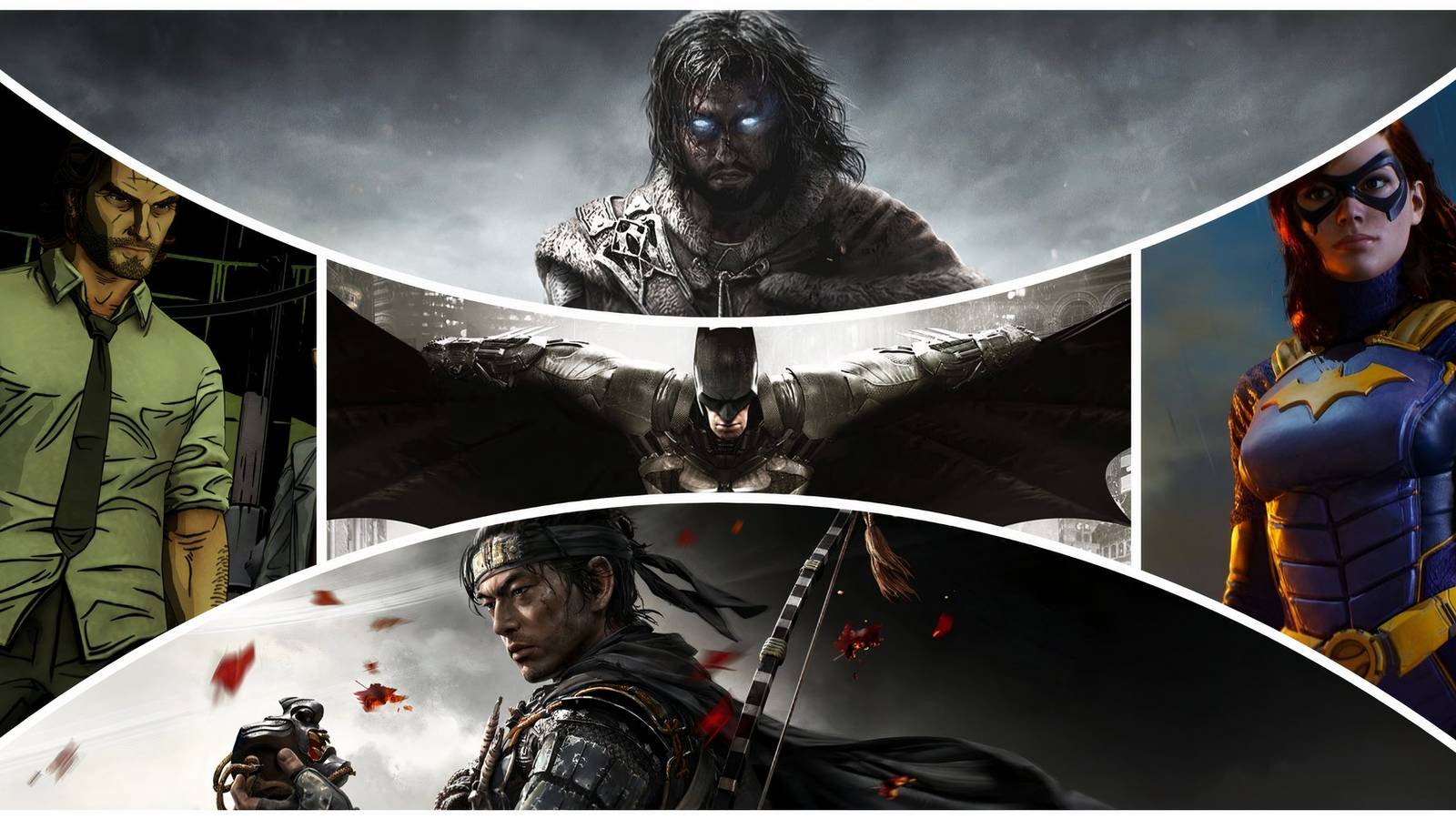 Collage of Batman, Bigby Wolf, Batgirl, Talion, and Jin Sakai