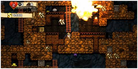 Spelunky - Exploring A Cave Near An Explosion