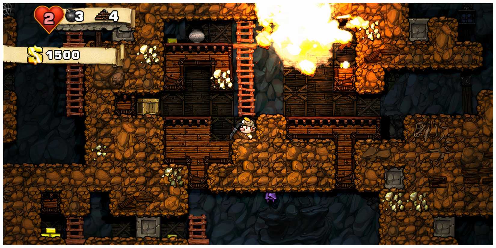 Spelunky - Exploring A Cave Near An Explosion