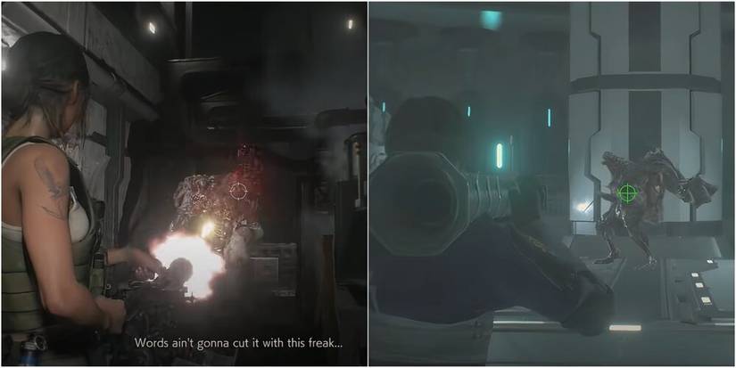 Claire firing a minion at a Tyrant and Leon firing a rocket at William Birkin in Resident Evil 2 remake