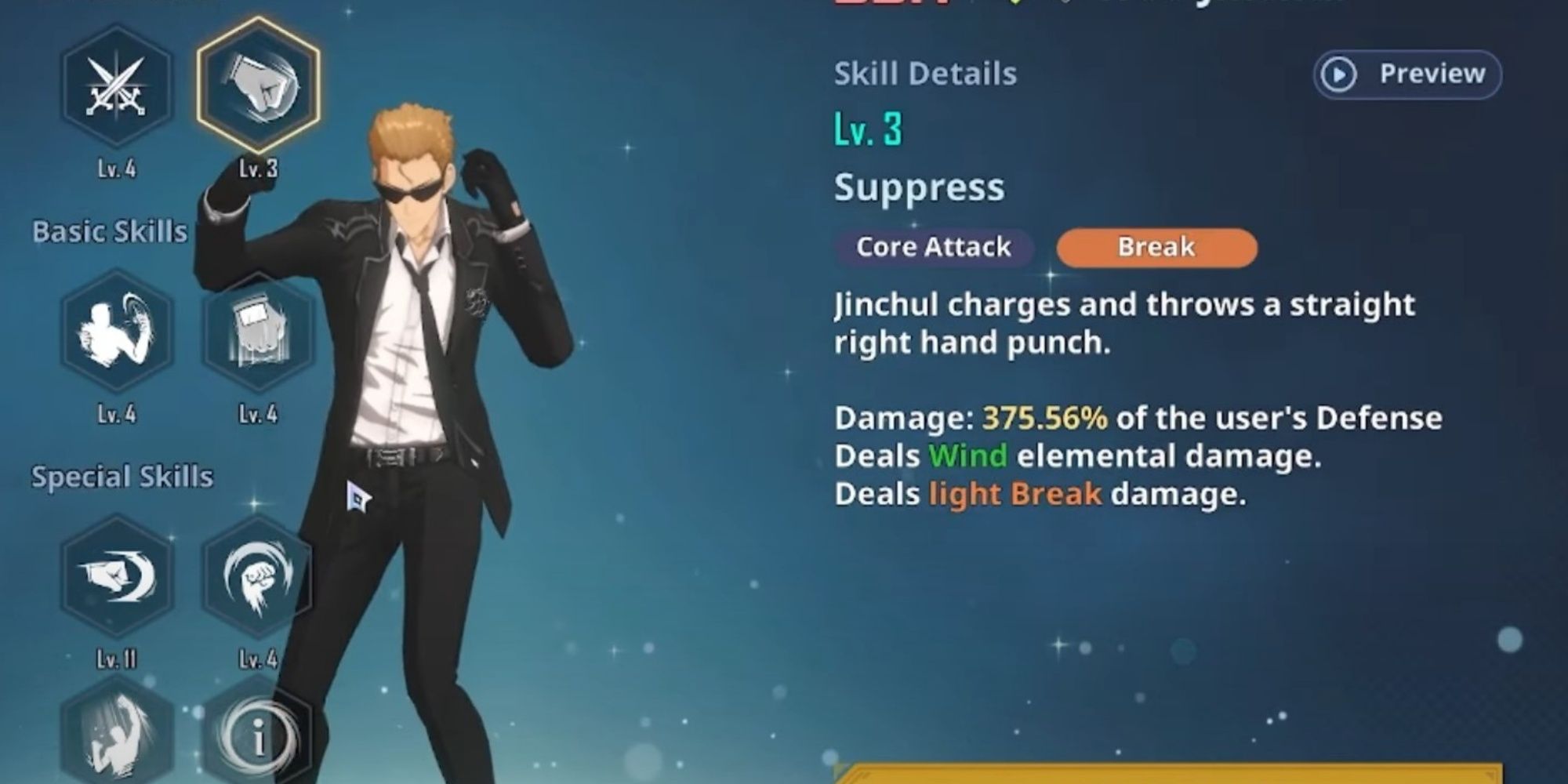 Woo Jinchul from the game with his skill menu open