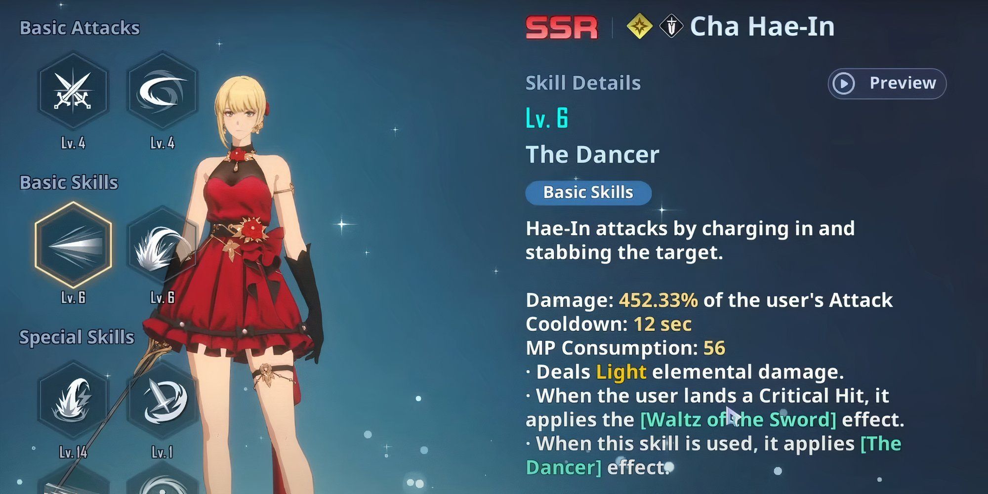 Cha Hae-In Character showcase with her skill details