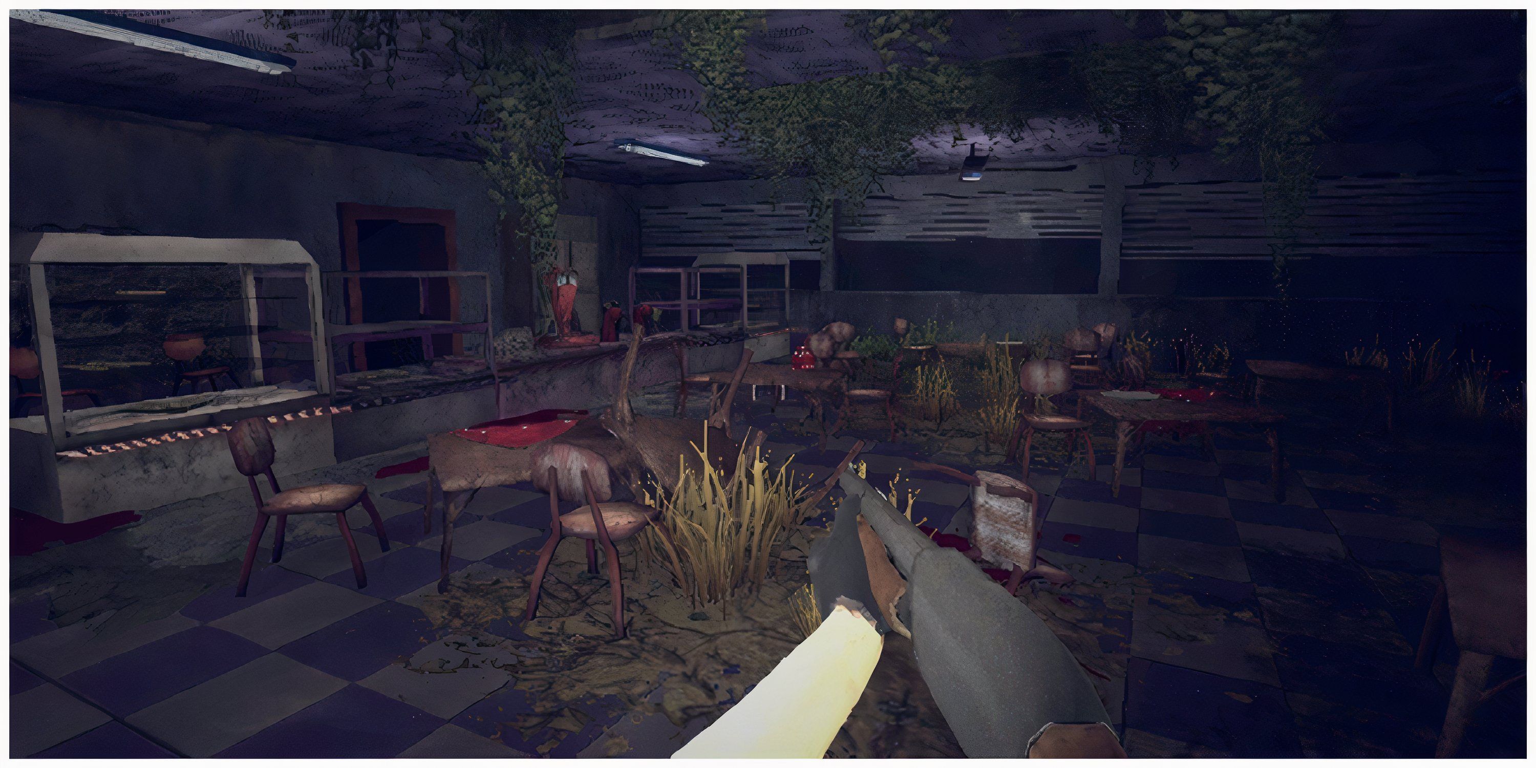 Holding The Shotgun In An Overgrown Room In Dino Trauma