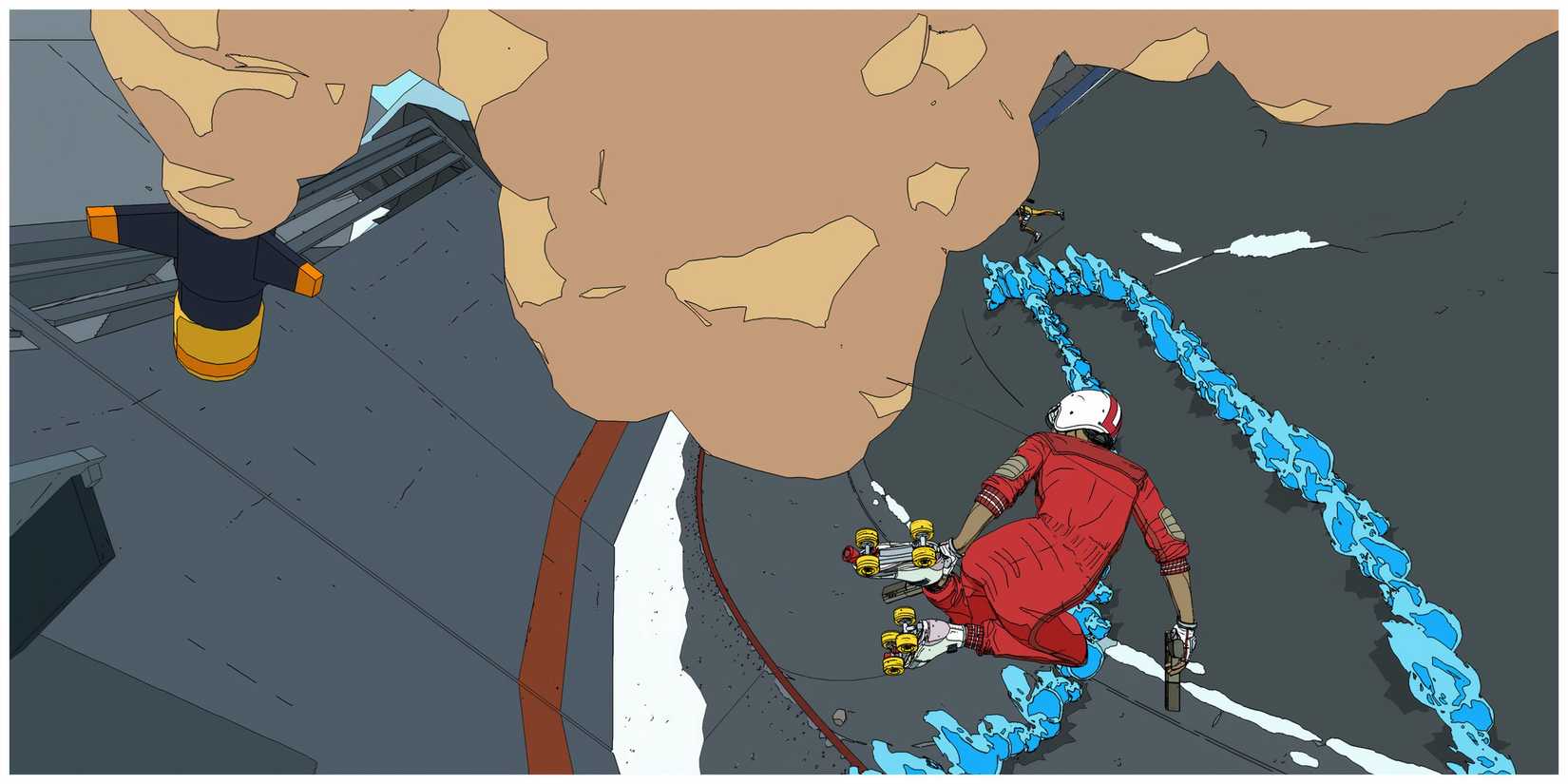 A character dodging a rocket in Rollerdrome