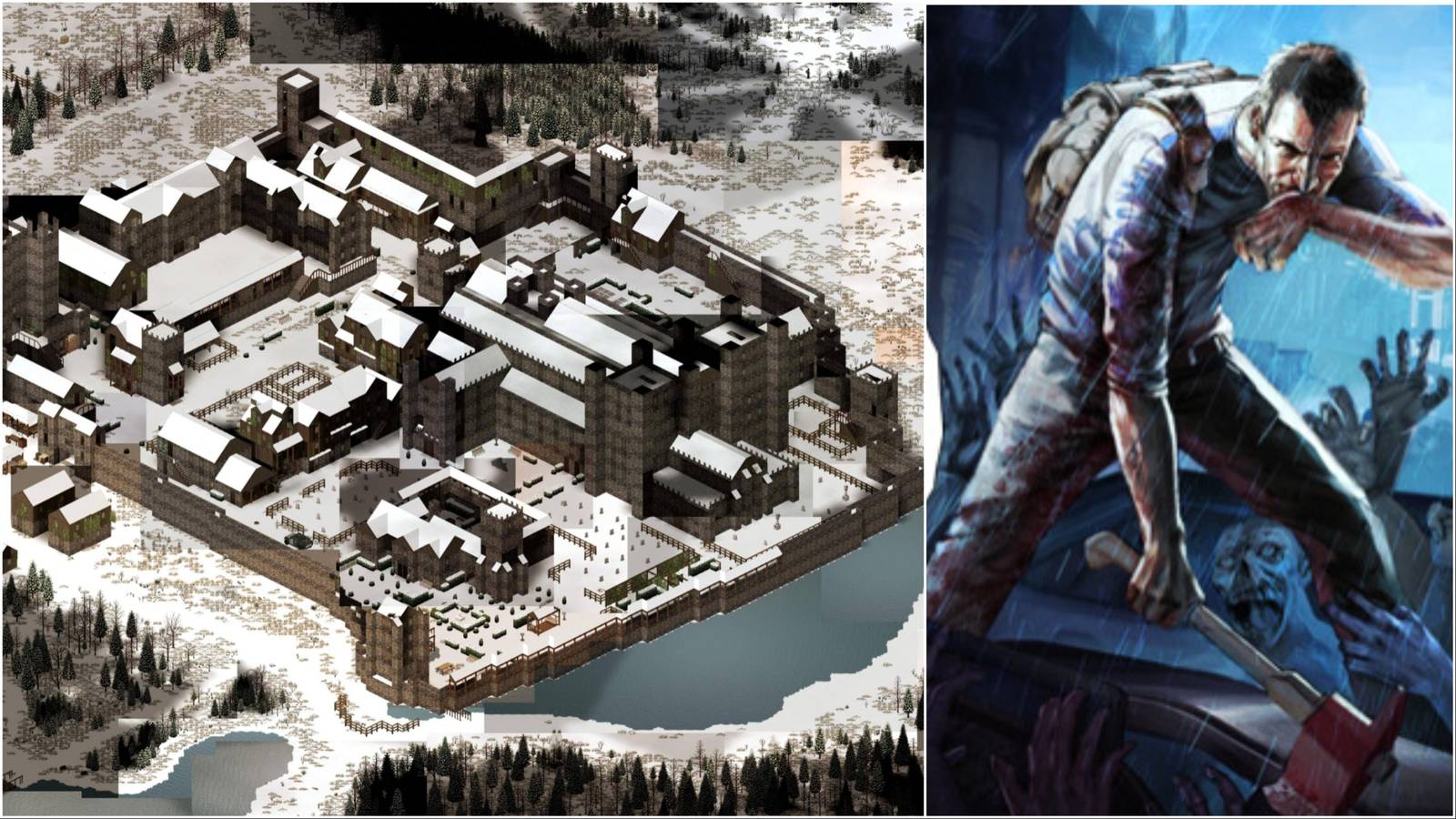 A player's castle build in Project Zomboid next to the game's logo.